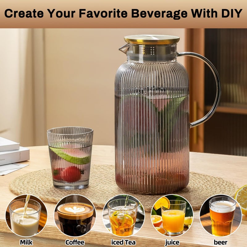 Buaic 2 PACK Glass Pitcher with Lid, 68 oz/ 2 Liter Gray Classic Vertical Stripes Water Pitcher,Glass Water Carafe for Cold Brew, Coffee, Lemonade, Iced Tea,Beverage, Heat Resistant Water Glass Jug - Image 5