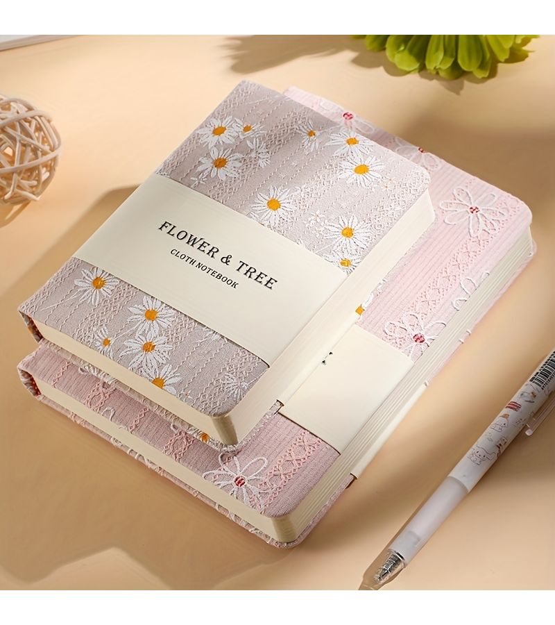 دفتر ملاحظات يدوي صغير بغطاء من القماش القطني، بتصميم زهرة الأقحوان الخضراء A6 - Image 1
