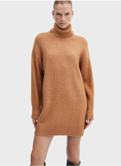 Turtle Neck Ribbed Hem Dress