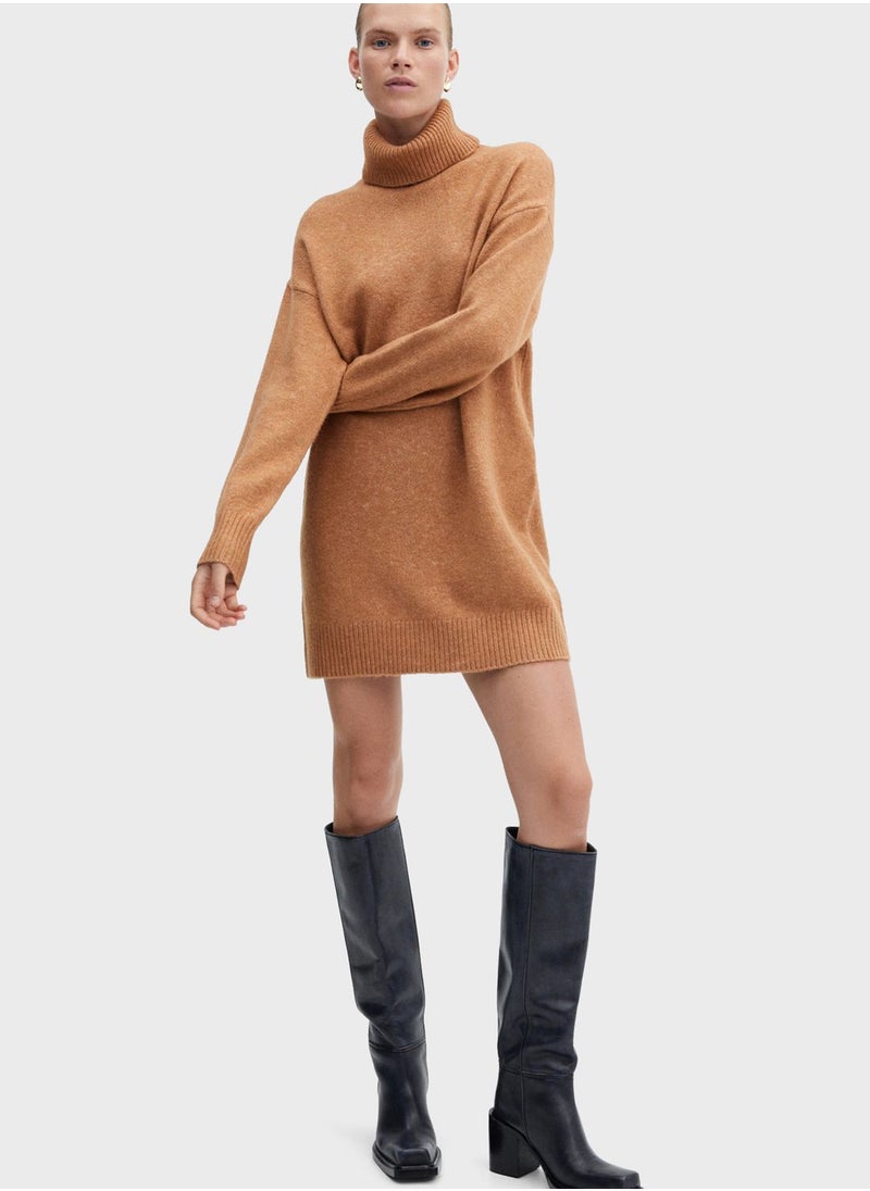 MANGO - Turtle Neck Ribbed Hem Dress - Image 1