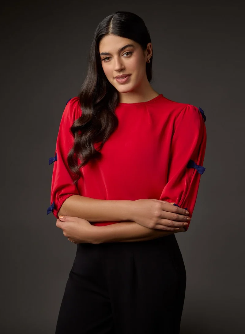Zigzag Tiny Bow Solid Chiffon Half Sleeve Top-Red