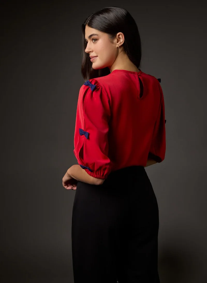 Zigzag Tiny Bow Solid Chiffon Half Sleeve Top-Red