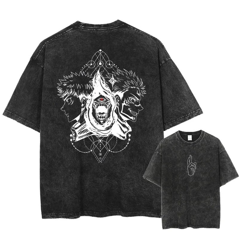 Mens Jujutsu Kaisen Anime T-Shirt Cotton Washed T-Shirt Casual Printed Breathable T-Shirt Hip Hop Street 9 washed black