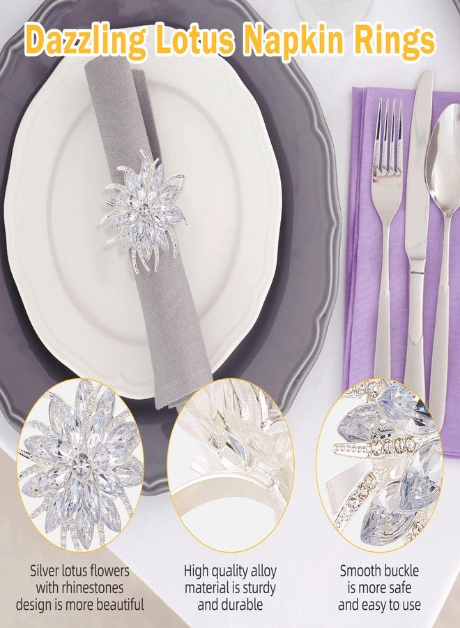 ZeeDix Christmas Flower Napkin Rings Set of 12, Silver Lotus Elegant Rhinestone Napkin Ring Serviette Buckles Holder for Wedding Birthday Christmas Holiday Party Home Kitchen Dinner Table Decoration - Image 3