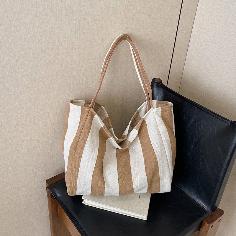Korean Style Simple Striped Shopping Bag Large Capacity New Artistic Fresh Style Canvas Bag Women'S All-Match Bag