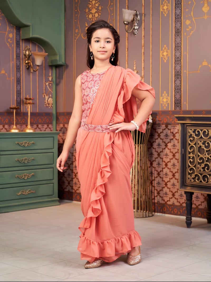 aarikka Aarika Girls Ethnic Wear Peach Colour Sequin Embroidery Georgette Lehenga Choli Set With Attached Dupatta-4-13 Years (LCH-SHM-5014) - Image 3