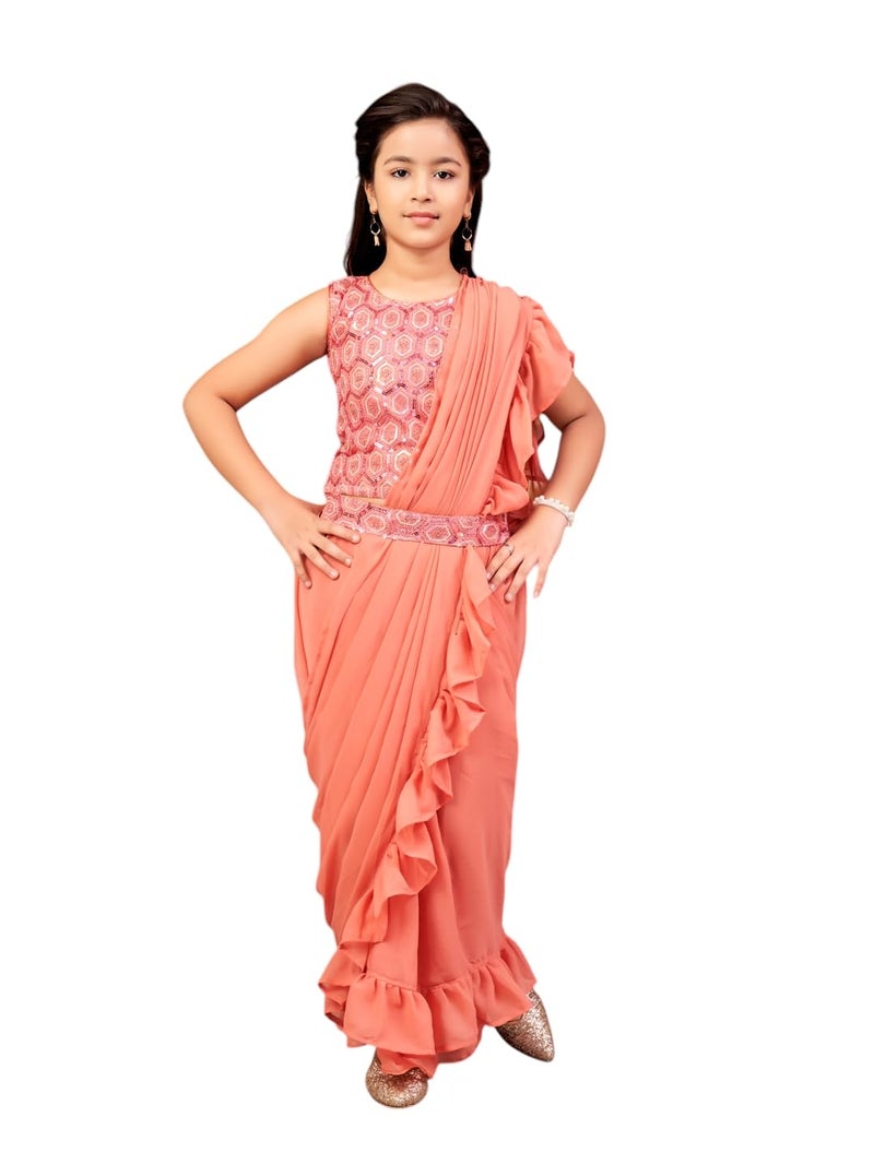 aarikka Aarika Girls Ethnic Wear Peach Colour Sequin Embroidery Georgette Lehenga Choli Set With Attached Dupatta-4-13 Years (LCH-SHM-5014) - Image 1