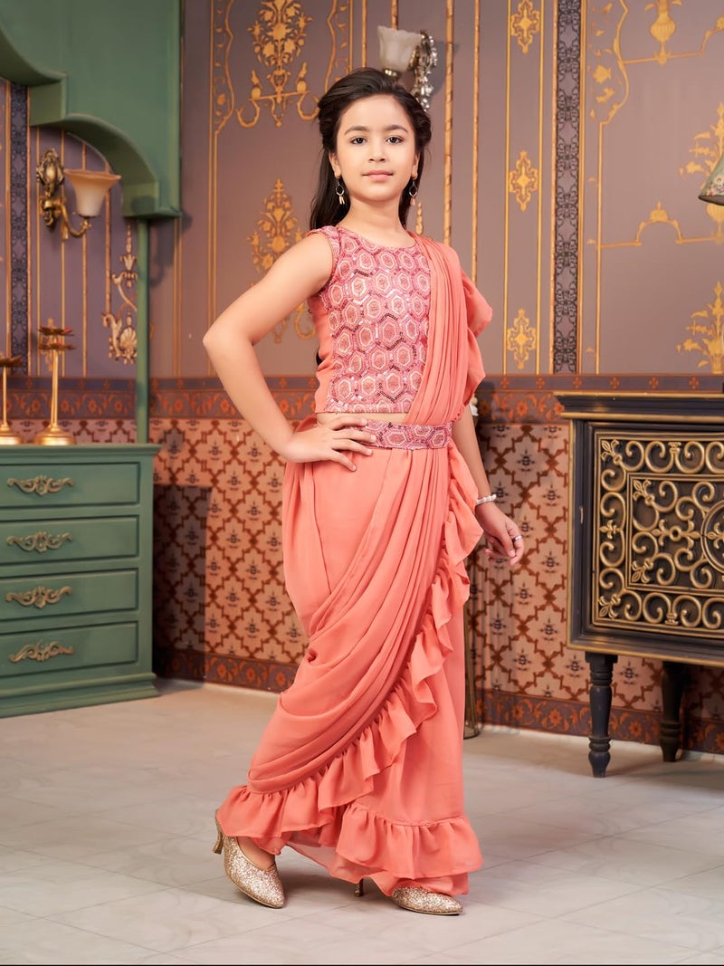 aarikka Aarika Girls Ethnic Wear Peach Colour Sequin Embroidery Georgette Lehenga Choli Set With Attached Dupatta-4-13 Years (LCH-SHM-5014) - Image 2