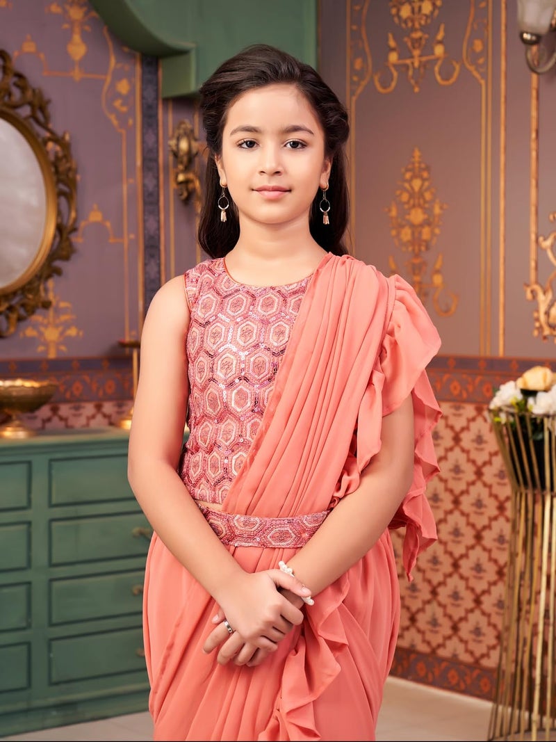 aarikka Aarika Girls Ethnic Wear Peach Colour Sequin Embroidery Georgette Lehenga Choli Set With Attached Dupatta-4-13 Years (LCH-SHM-5014) - Image 5
