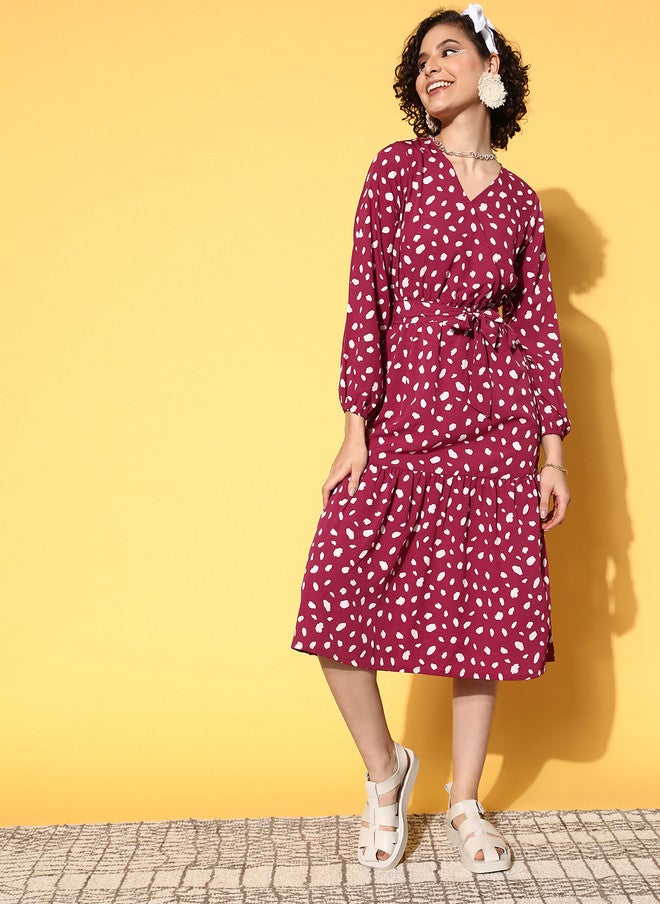 PlusS Charming Maroon Abstract Midi Dress for Women - Image 1