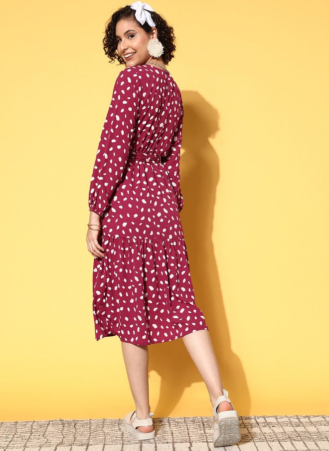 PlusS Charming Maroon Abstract Midi Dress for Women - Image 3