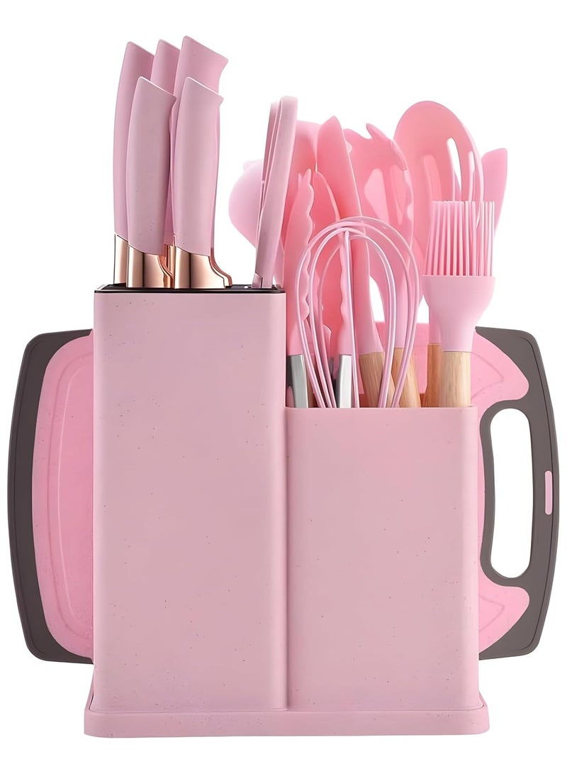 19-Piece Silicone Kitchen Utensil Set – Nonstick Cooking Tools, Stainless Steel Knives, Cutting Board, Heat-Resistant Silicone Spatula & Whisk, Wooden Handle Kitchen Gadgets (Pink)  - Image 1