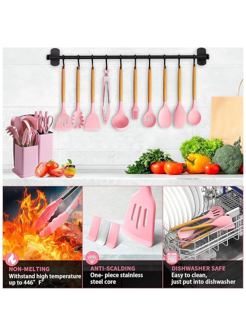 19-Piece Silicone Kitchen Utensil Set – Nonstick Cooking Tools, Stainless Steel Knives, Cutting Board, Heat-Resistant Silicone Spatula & Whisk, Wooden Handle Kitchen Gadgets (Pink)  - Image 2