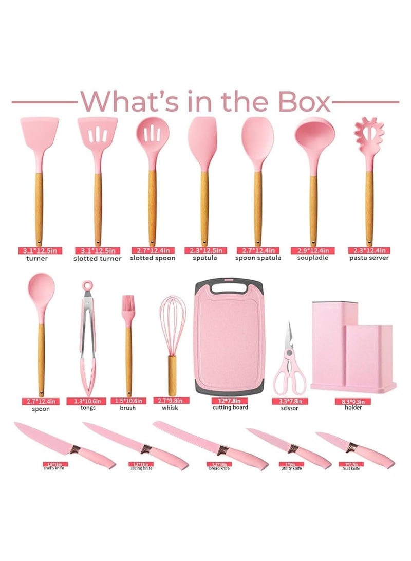 19-Piece Silicone Kitchen Utensil Set – Nonstick Cooking Tools, Stainless Steel Knives, Cutting Board, Heat-Resistant Silicone Spatula & Whisk, Wooden Handle Kitchen Gadgets (Pink)  - Image 3