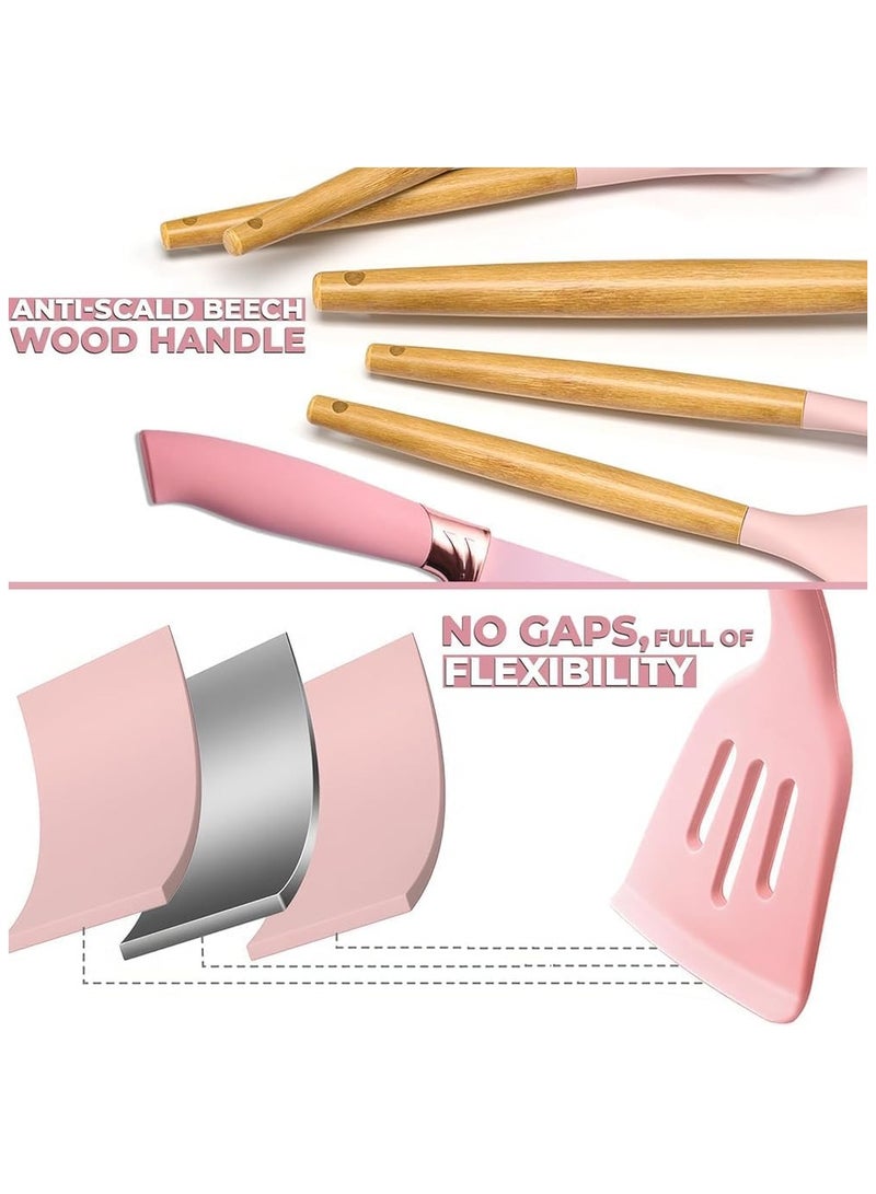 19-Piece Silicone Kitchen Utensil Set – Nonstick Cooking Tools, Stainless Steel Knives, Cutting Board, Heat-Resistant Silicone Spatula & Whisk, Wooden Handle Kitchen Gadgets (Pink)  - Image 5