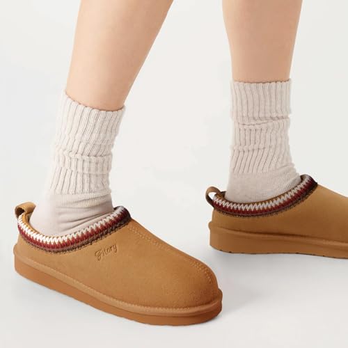 FITORY Women's Suede Slipper, Flat Slip On House Shoes with Faux Fur Lining Indoor Outdoor Short Mini Boots Khaki Size 9 - Image 2