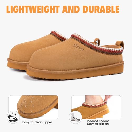 FITORY Women's Suede Slipper, Flat Slip On House Shoes with Faux Fur Lining Indoor Outdoor Short Mini Boots Khaki Size 9 - Image 4