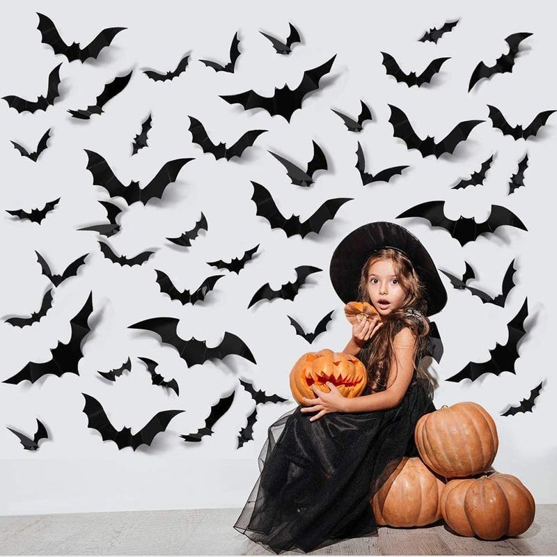 Biaoyun 60 PCS DIY Halloween Party Supplies 3D Decorative Scary Bats Wall Decal Wall Sticker Halloween Eve Decor Home Window Decoration Set Black 