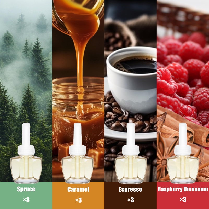 DERDUFT Plug In Air Freshener Refills â€“ Spruce, Caramel, Espresso & Raspberry Cinnamon, 12 Count Fragrance for Home, Bathrooms, Office â€“ 7.92 Fl Oz, Compatible with Air Wick & Glade, Not for Glade Plus - Image 3