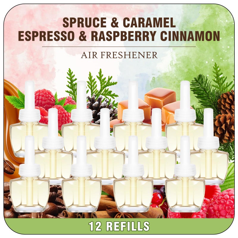 DERDUFT Plug In Air Freshener Refills â€“ Spruce, Caramel, Espresso & Raspberry Cinnamon, 12 Count Fragrance for Home, Bathrooms, Office â€“ 7.92 Fl Oz, Compatible with Air Wick & Glade, Not for Glade Plus - Image 1