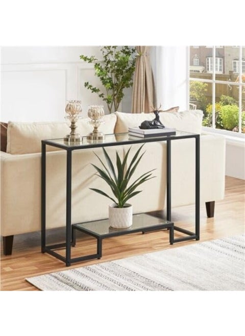Hometaste Metal Frame Console Table With Top Mirror - Modern Accent Table With Multi-Tier Shelf Storage For Living Room - Coffee Table Side Table And Sofa Side Table Black Style5