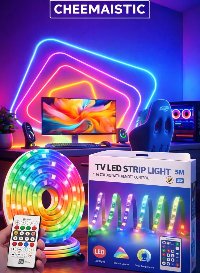 CHEEMAISTIC 5 Meter RGB TV LED Strip Lights with Remote Control, USB Powered Backlight for TV, 16 Color Changing LED Light Strip for Gaming Room, Home Decor, Bedroom, Desk, Cabinet Lighting - Image 1