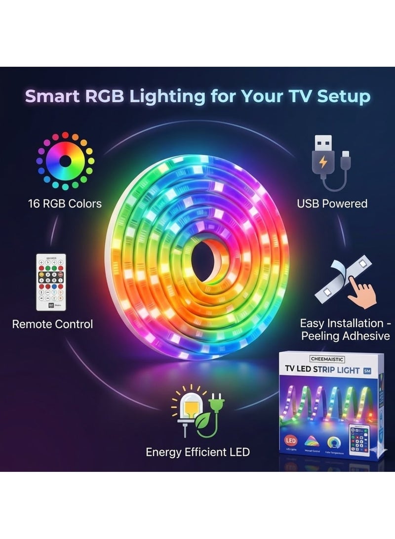 CHEEMAISTIC 5 Meter RGB TV LED Strip Lights with Remote Control, USB Powered Backlight for TV, 16 Color Changing LED Light Strip for Gaming Room, Home Decor, Bedroom, Desk, Cabinet Lighting - Image 2