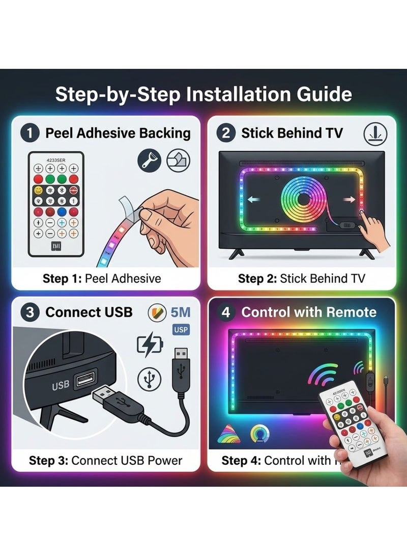 CHEEMAISTIC 5 Meter RGB TV LED Strip Lights with Remote Control, USB Powered Backlight for TV, 16 Color Changing LED Light Strip for Gaming Room, Home Decor, Bedroom, Desk, Cabinet Lighting - Image 3