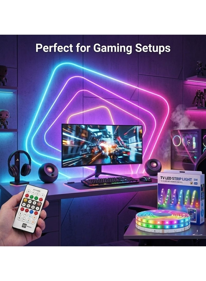 CHEEMAISTIC 5 Meter RGB TV LED Strip Lights with Remote Control, USB Powered Backlight for TV, 16 Color Changing LED Light Strip for Gaming Room, Home Decor, Bedroom, Desk, Cabinet Lighting - Image 5