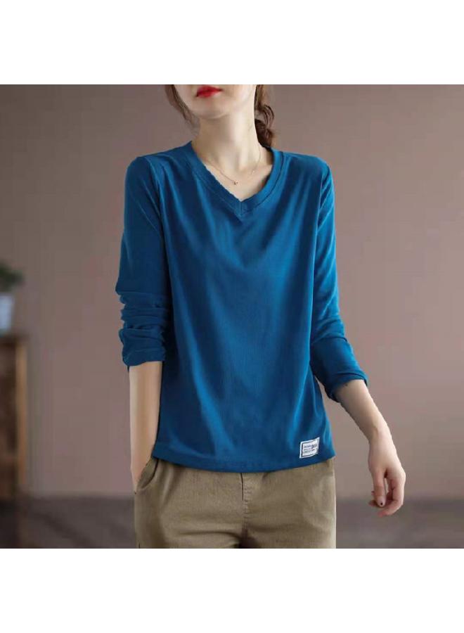 VUELO Spring And Autumn Korean Style Simple V-neck Long-sleeved Base Shirt Mother's Loose Large Size Inner Top Printed T-shirt For Women