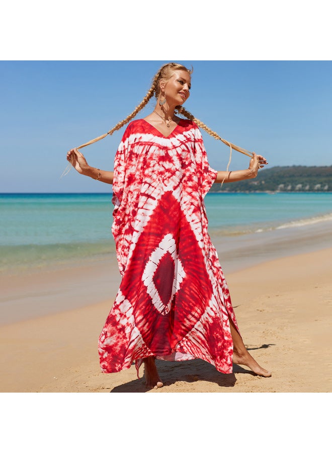 Robe Beach Blouse Rayon Printed Vacation Sunscreen Shirt Plus Size Bikini Beach Dress Amazon-Color:36 Red-  - Image 1