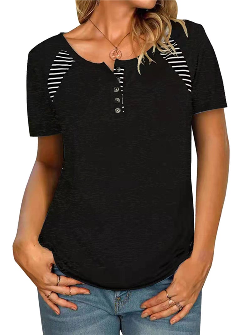 Women Short Sleeve T-shirt O Neck Striped Print Casual Tees - Image 1