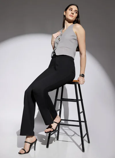 globus Globus Women Black Solid Mid Rise Straight Fit Stretchable Trousers