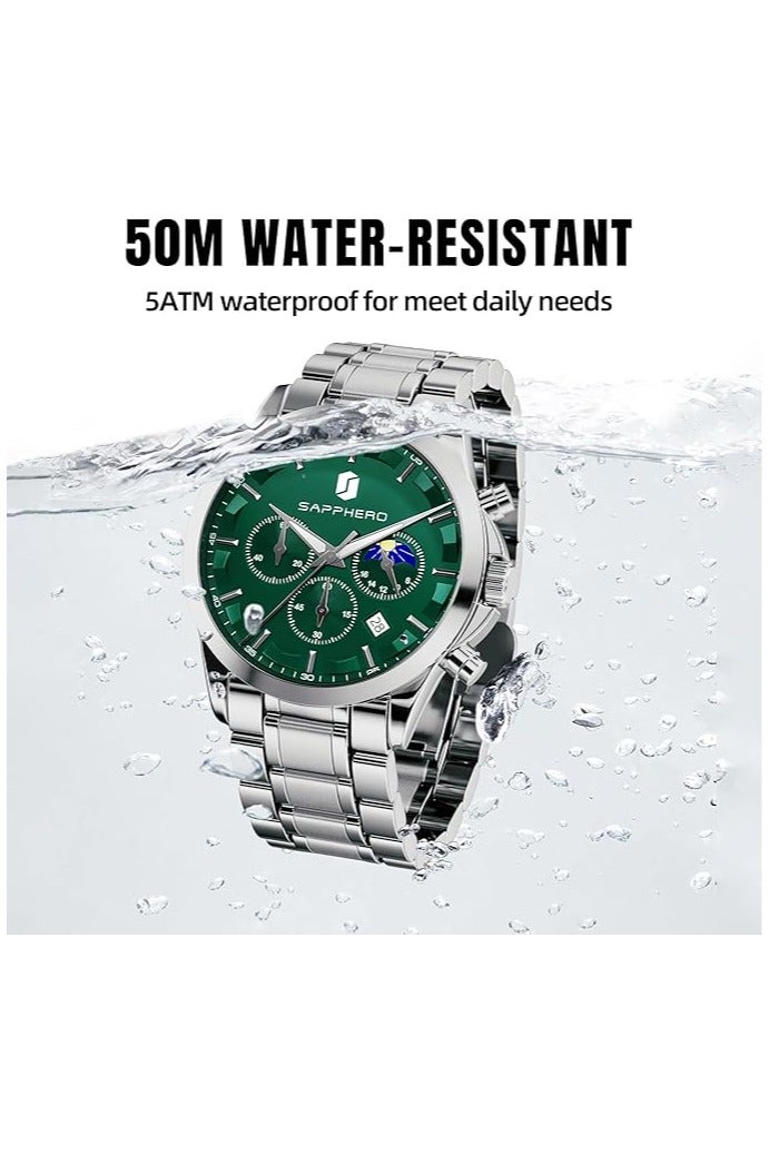 Sapphero Mens Watches Multifunction Chronograph Date Quartz Watch for Men Stainless Steel Band Wrist Watch Gift for Men Casual Business - Image 4