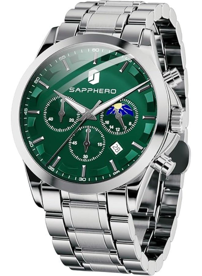 Mens Watches Multifunction Chronograph Date Quartz Watch for Men Stainless Steel Band Wrist Watch Gift for Men Casual Business