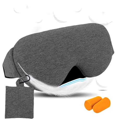 Decor & More- Cotton Eye Mask,Light Weight Eye Mask For Sleeping With Strap Super Soft Sleeping Mask Blind Fold For Comfortable Sleep,Eye Mask With Earplug & Carry Pouch (Black With Dark Grey) - - Image 1