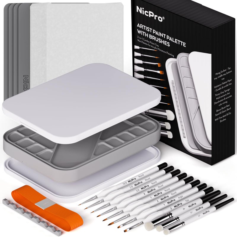 Nicpro Miniature Painting Kit with Wet Palette & 11PCS Detail Paint Brushes Drybrush, 100PCS Wet Pallet Paper, 4PCS Sponge, Brush Holder Mixing Paint Saver Palette for Miniature Model Painting - Image 1