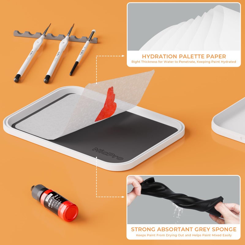 Nicpro Miniature Painting Kit with Wet Palette & 11PCS Detail Paint Brushes Drybrush, 100PCS Wet Pallet Paper, 4PCS Sponge, Brush Holder Mixing Paint Saver Palette for Miniature Model Painting - Image 5