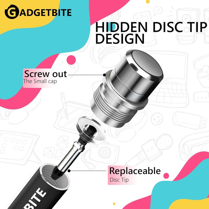 GadgetBite Stylus Pen for Android Tablet & iOS All Touchscreen Devices Capacitive Universal Smart Pen Pencil with Fine Point Disc Tip Lightweight Metal Body and Magnetic Cover for Mobile Phone iPad Tab - Black - Image 3