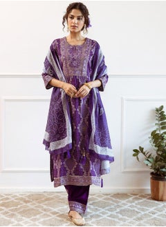 ISHIN Women's Purple Modal Muslin Printed Tunic Full Length Casual Regular Fit Kurta Set  - Image 5