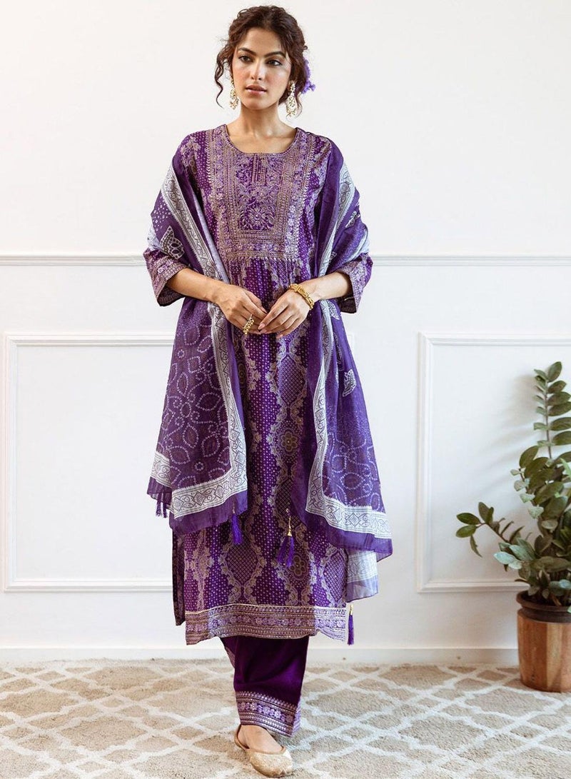 ISHIN Women's Purple Modal Muslin Printed Tunic Full Length Casual Regular Fit Kurta Set  - Image 5