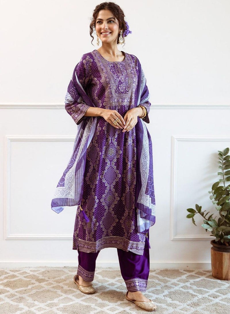 ISHIN Women's Purple Modal Muslin Printed Tunic Full Length Casual Regular Fit Kurta Set  - Image 3