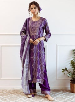 ISHIN Women's Purple Modal Muslin Printed Tunic Full Length Casual Regular Fit Kurta Set  - Image 1