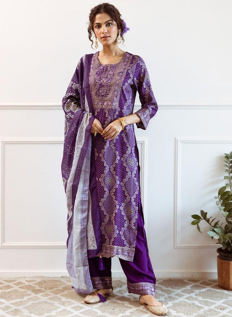 ISHIN Women's Purple Modal Muslin Printed Tunic Full Length Casual Regular Fit Kurta Set  - Image 1