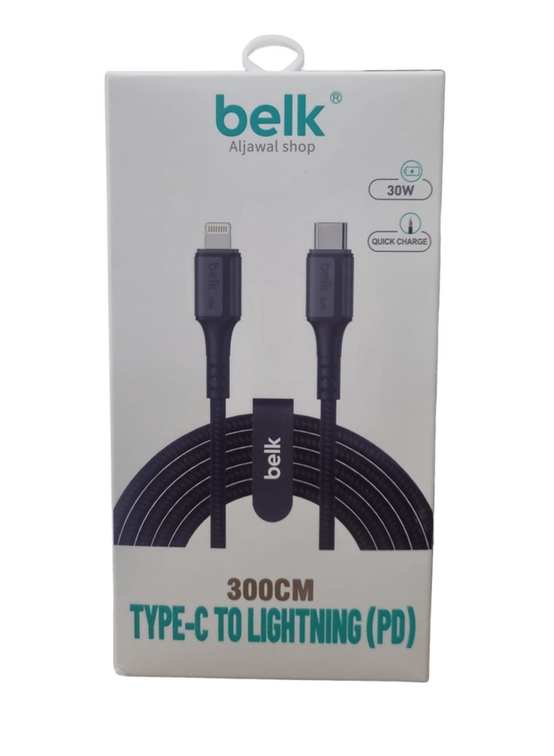 بيلك كابل شحن من قماش مجدول مقاوم للقطع من تايب سي الي ايفون 30 واط بطول 3  متر يدعم الشحن السريع - Image 2