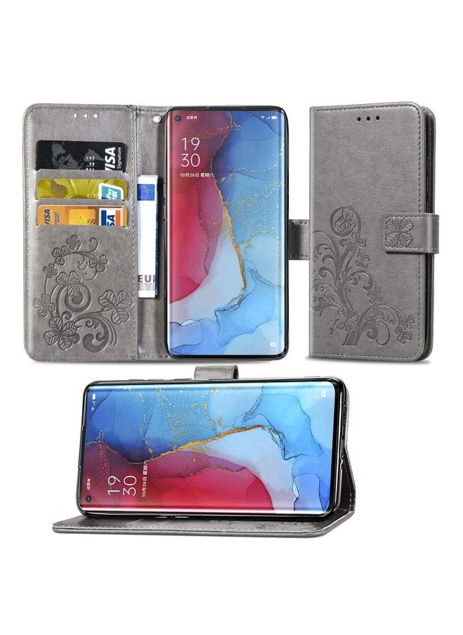 HuHa Case Cover For OPPO Reno 3 Pro /Find X2 neo Four-leaf Clasp Embossed Buckle Mobile Phone Protection Leather Case with Lanyard & Card Slot & Wallet & Bracket Function Gray 