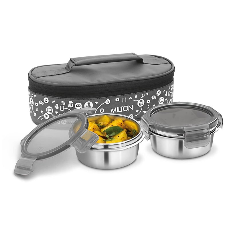 Milton MILTON Lifestyle Lunch Box with Insulated Jacket, 2 Stainless Steel Containers with Clip Lock Lid (300 ml Each), Leak-Proof Tiffin for Office, School, College, Grey  - Image 1