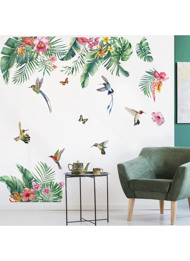 decalmile - Green Tropical Leaves Wall Decals Tropical Hibiscus Flower Palm Leaf Wall Stickers Living Room Bedroom Office Wall Decor - Image 1