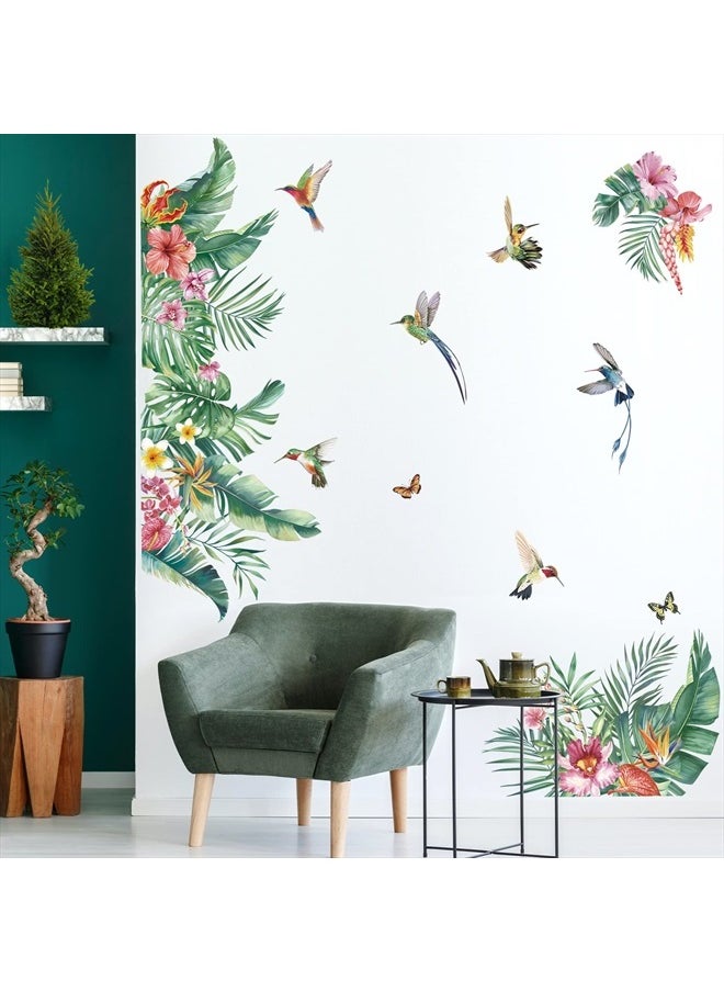 decalmile - Green Tropical Leaves Wall Decals Tropical Hibiscus Flower Palm Leaf Wall Stickers Living Room Bedroom Office Wall Decor - Image 1