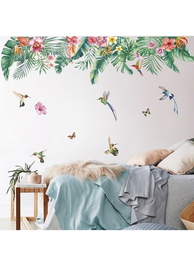 decalmile - Green Tropical Leaves Wall Decals Tropical Hibiscus Flower Palm Leaf Wall Stickers Living Room Bedroom Office Wall Decor - Image 1